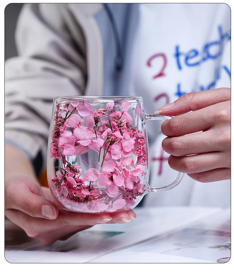 New Real Flower Dried Flower Double-layer Borosilicate Glass Office Bar Home Mark Coffee Cup Overview