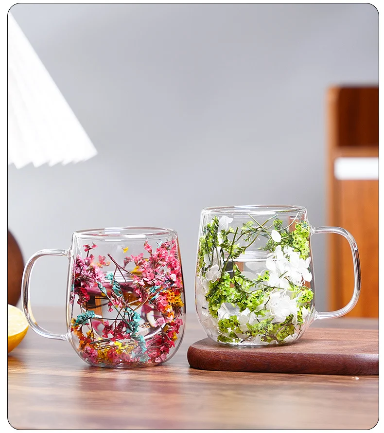 New Real Flower Dried Flower Double-layer Borosilicate Glass Office Bar Home Mark Coffee Cup Overview