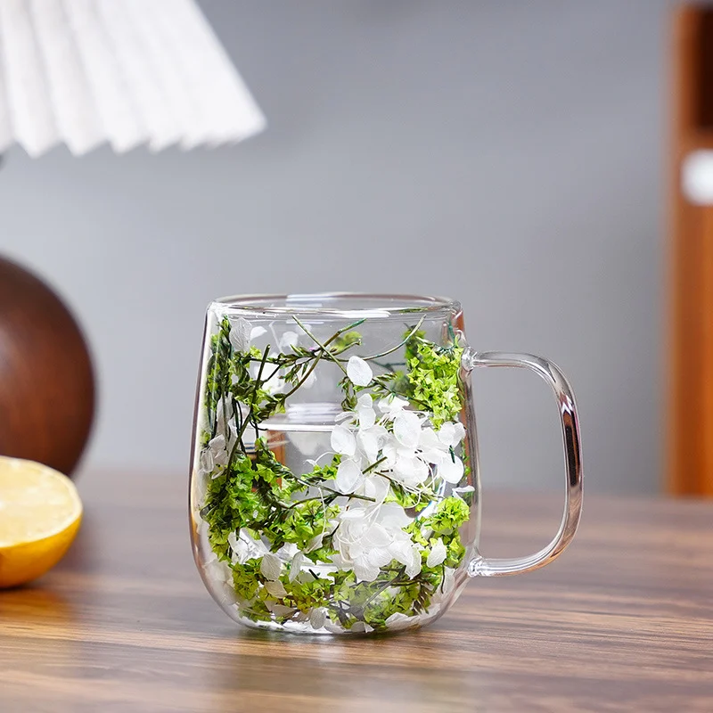 New Real Flower Dried Flower Double-layer Borosilicate Glass Office Bar Home Mark Coffee Cup