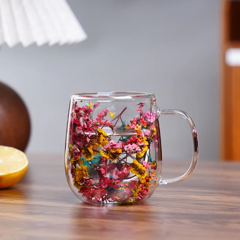 New Real Flower Dried Flower Double-layer Borosilicate Glass Office Bar Home Mark Coffee Cup Overview