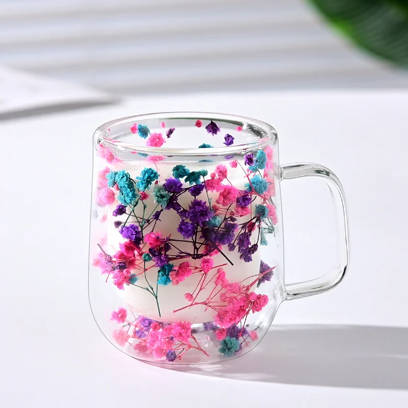 New Real Flower Dried Flower Double-layer Borosilicate Glass Office Bar Home Mark Coffee Cup