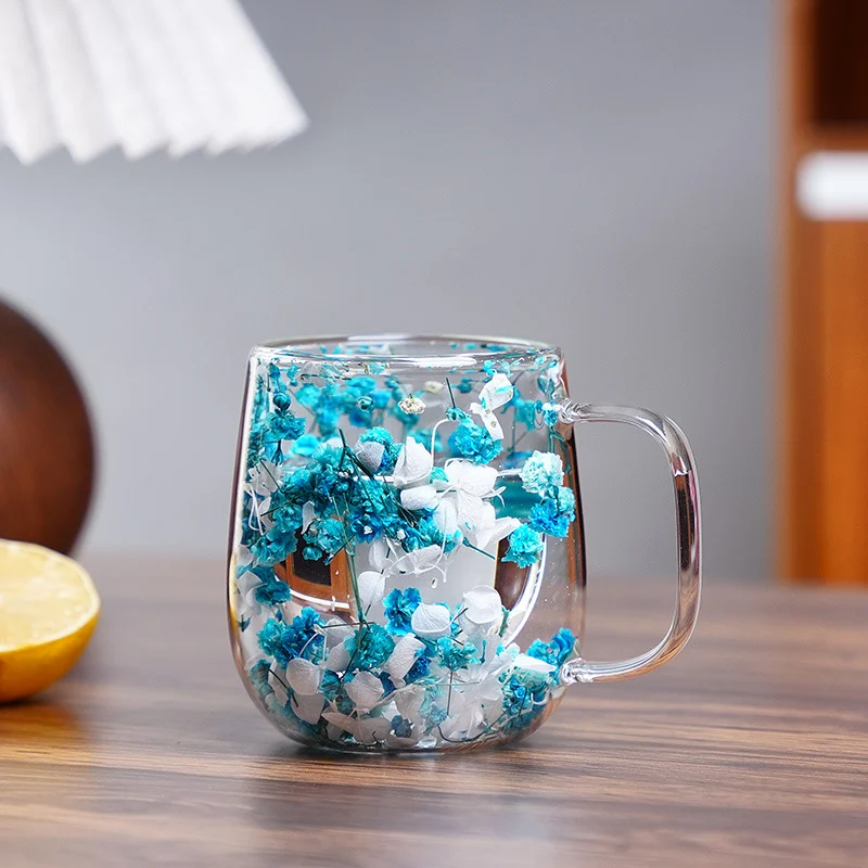 New Real Flower Dried Flower Double-layer Borosilicate Glass Office Bar Home Mark Coffee Cup Overview