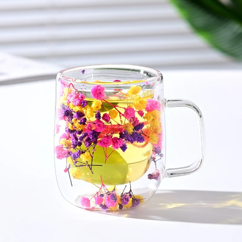 New Real Flower Dried Flower Double-layer Borosilicate Glass Office Bar Home Mark Coffee Cup
