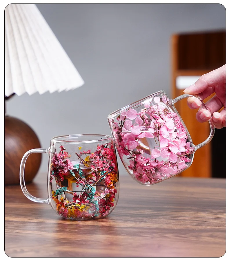 New Real Flower Dried Flower Double-layer Borosilicate Glass Office Bar Home Mark Coffee Cup Overview