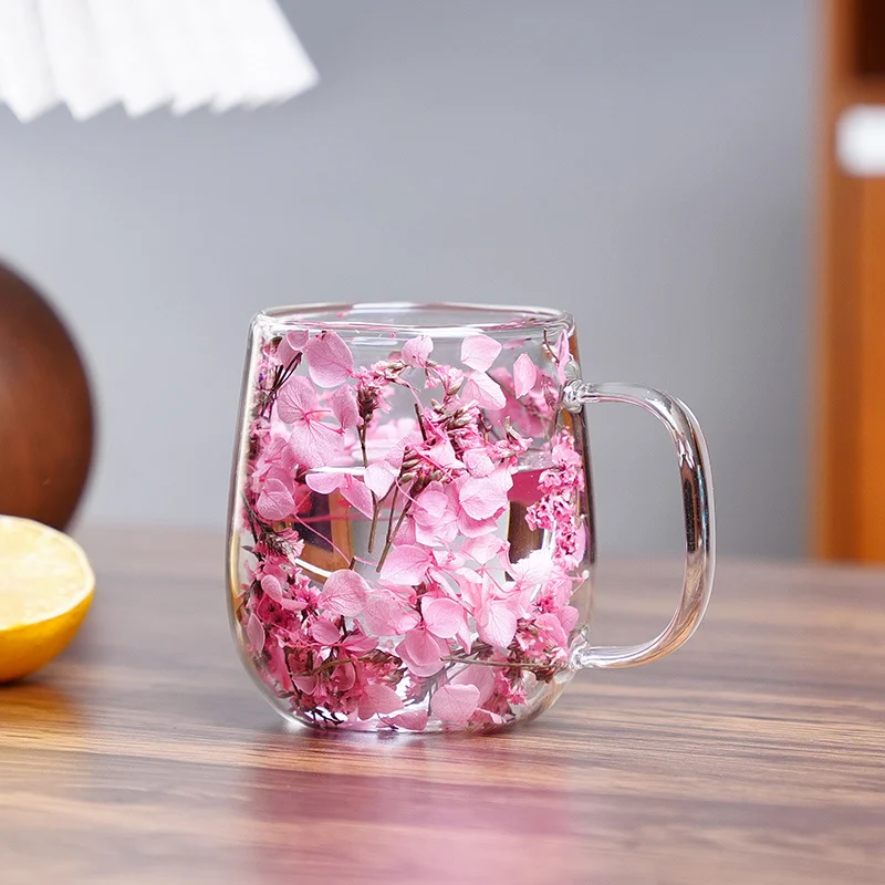 New Real Flower Dried Flower Double-layer Borosilicate Glass Office Bar Home Mark Coffee Cup