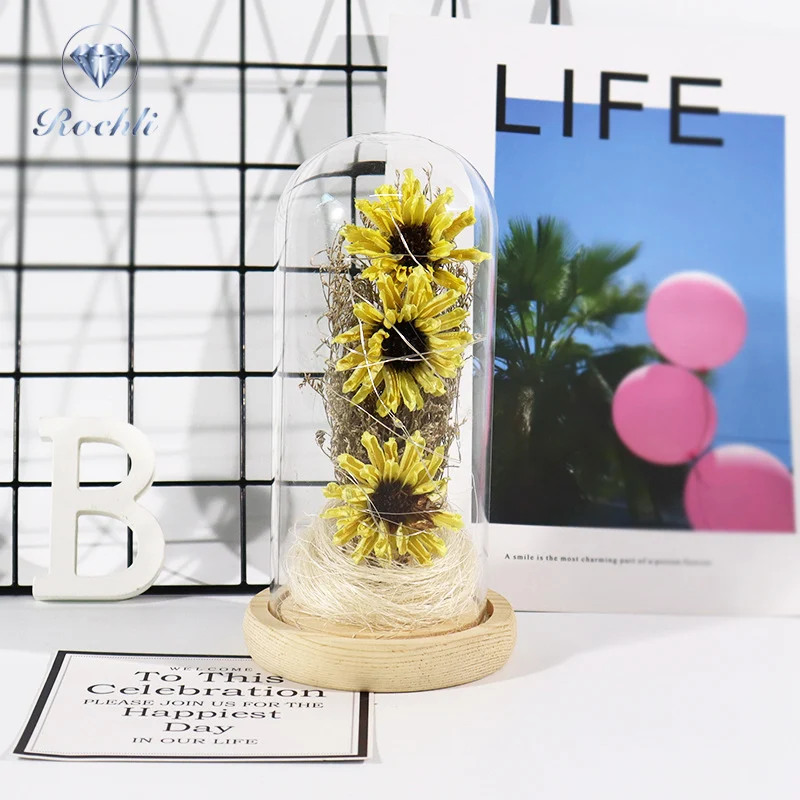 Eternal Flower Glass Cover Base with Lamp Dry Flower Teacher's Day Christmas Decoration Crafts Simulation Flower Lighting