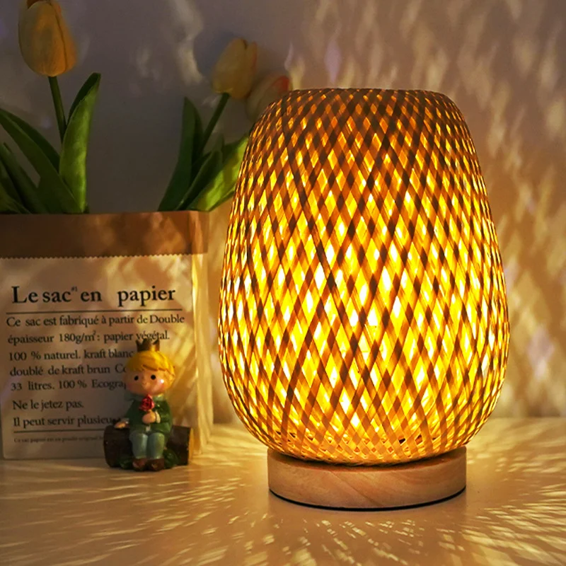 Wabi-Sabi Bamboo Wood Table Lamp Bedside Lamp Bedroom Nordic Ins Bamboo Woven Lamp Small Night Light Homestay Retro Small Table Lamp Japanese Style