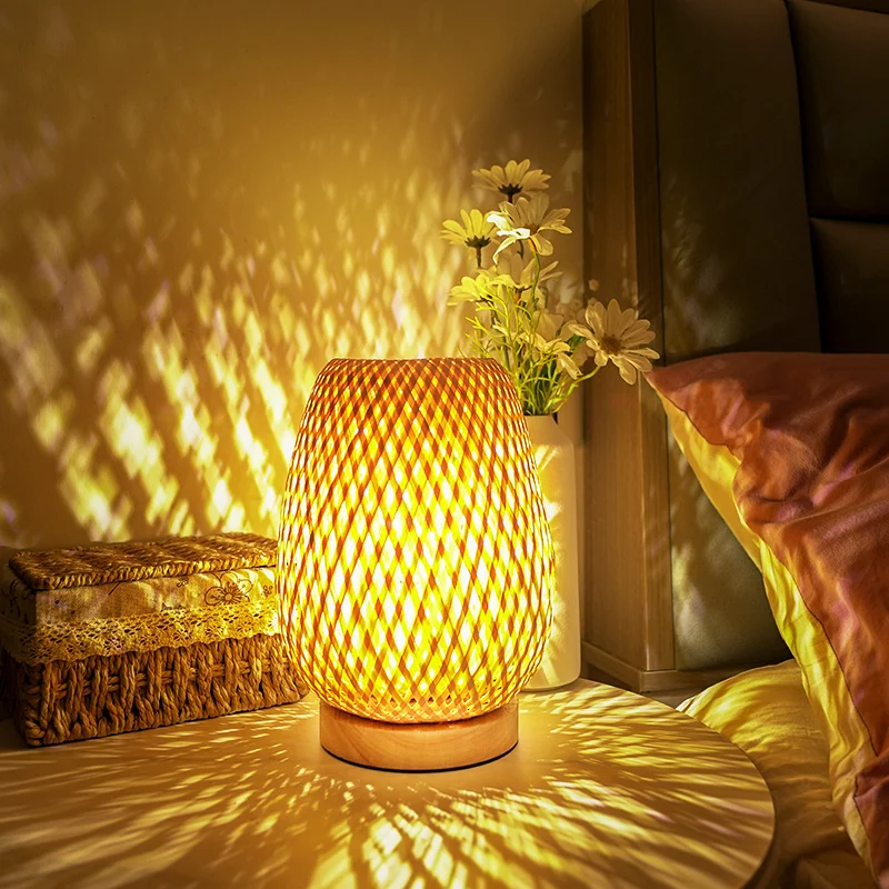Wabi-Sabi Bamboo Wood Table Lamp Bedside Lamp Bedroom Nordic Ins Bamboo Woven Lamp Small Night Light Homestay Retro Small Table Lamp Japanese Style