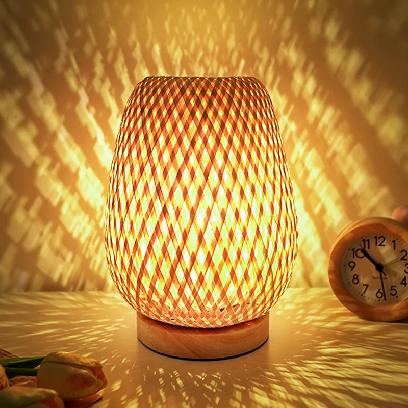 Wabi-Sabi Bamboo Wood Table Lamp Bedside Lamp Bedroom Nordic Ins Bamboo Woven Lamp Small Night Light Homestay Retro Small Table Lamp Japanese Style