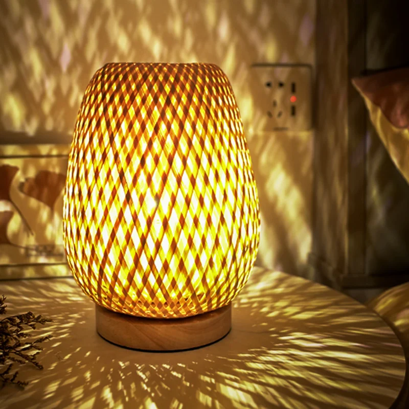 Wabi-Sabi Bamboo Wood Table Lamp Bedside Lamp Bedroom Nordic Ins Bamboo Woven Lamp Small Night Light Homestay Retro Small Table Lamp Japanese Style