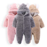 2026-Baby Hooded Plush Fleece Bear Ear Jumpsuit Romper