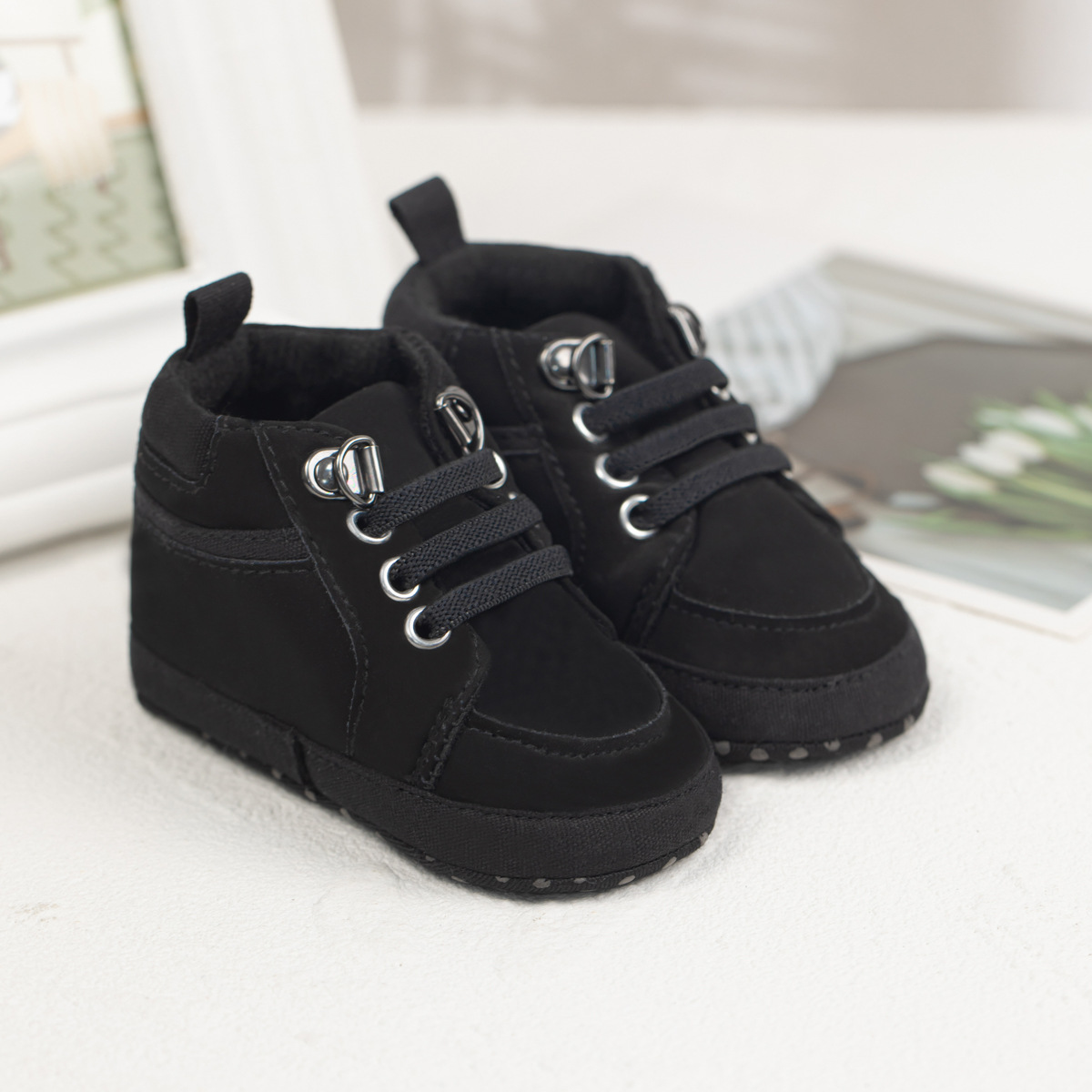 Soft sole high-top baby shoes in blue yellow grey black