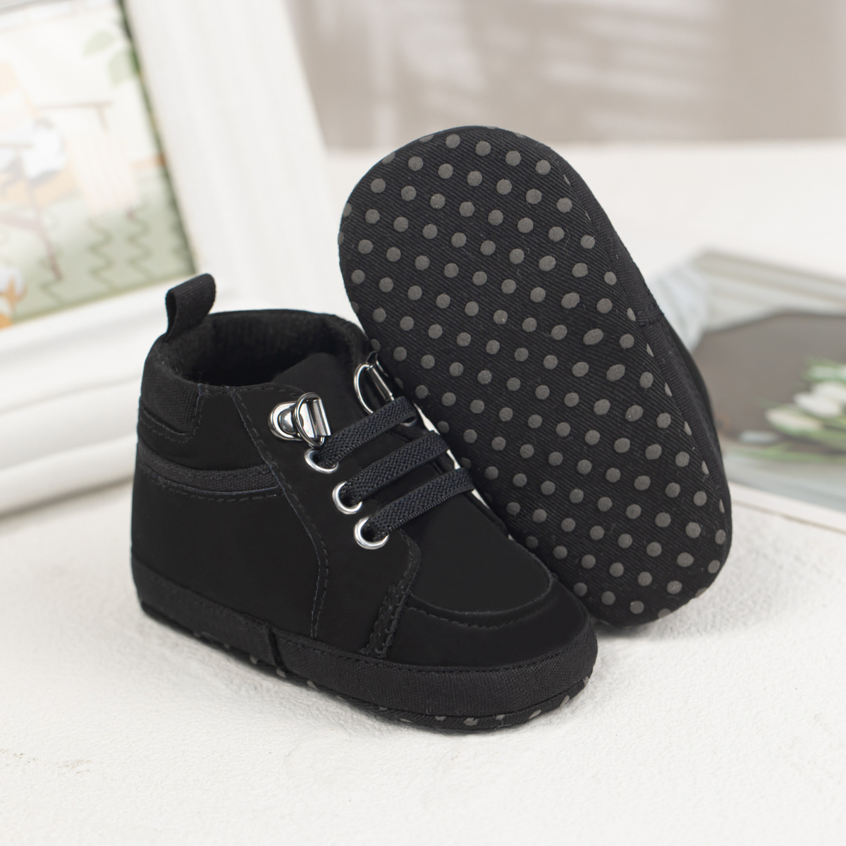 Soft sole high-top baby shoes in blue yellow grey black