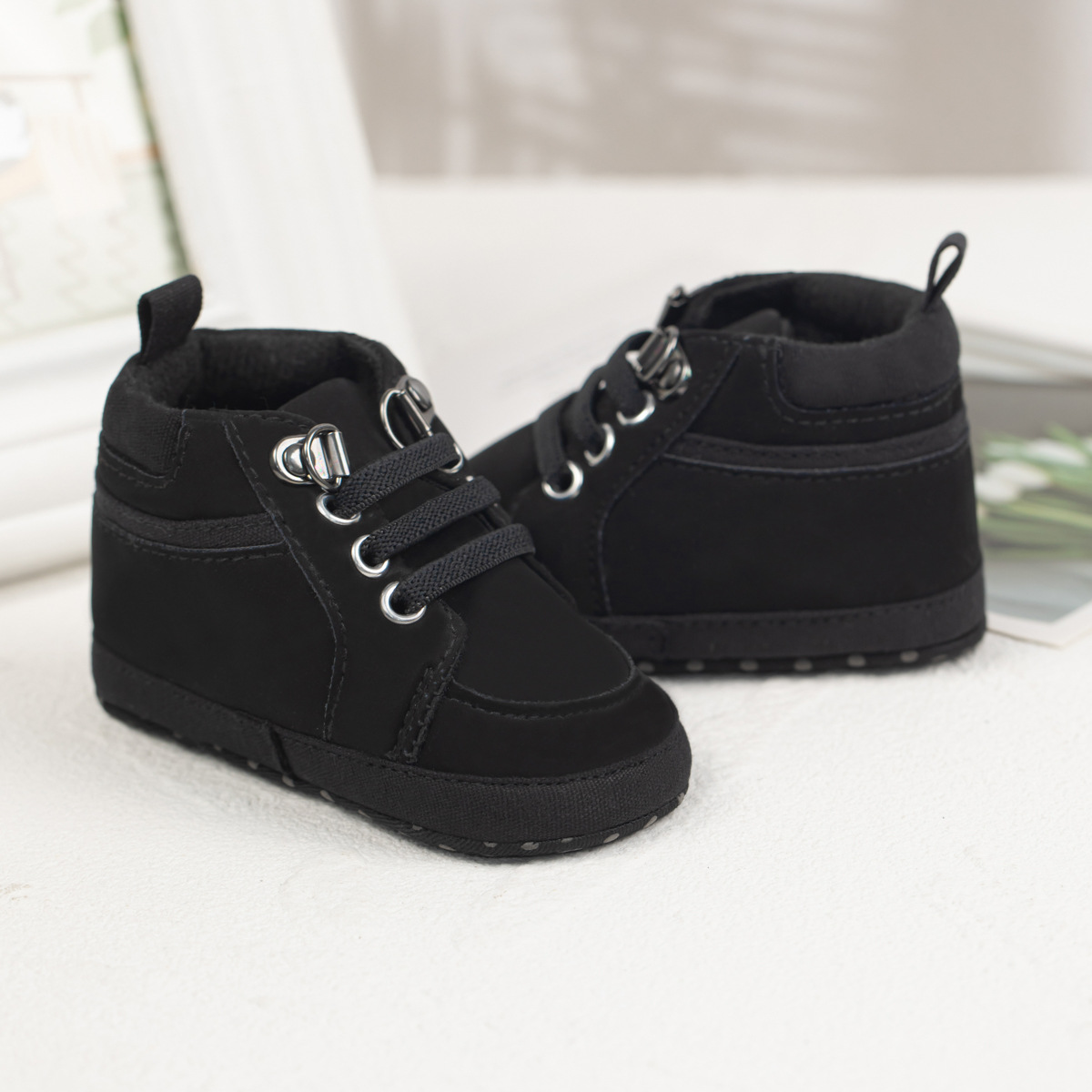 Soft sole high-top baby shoes in blue yellow grey black