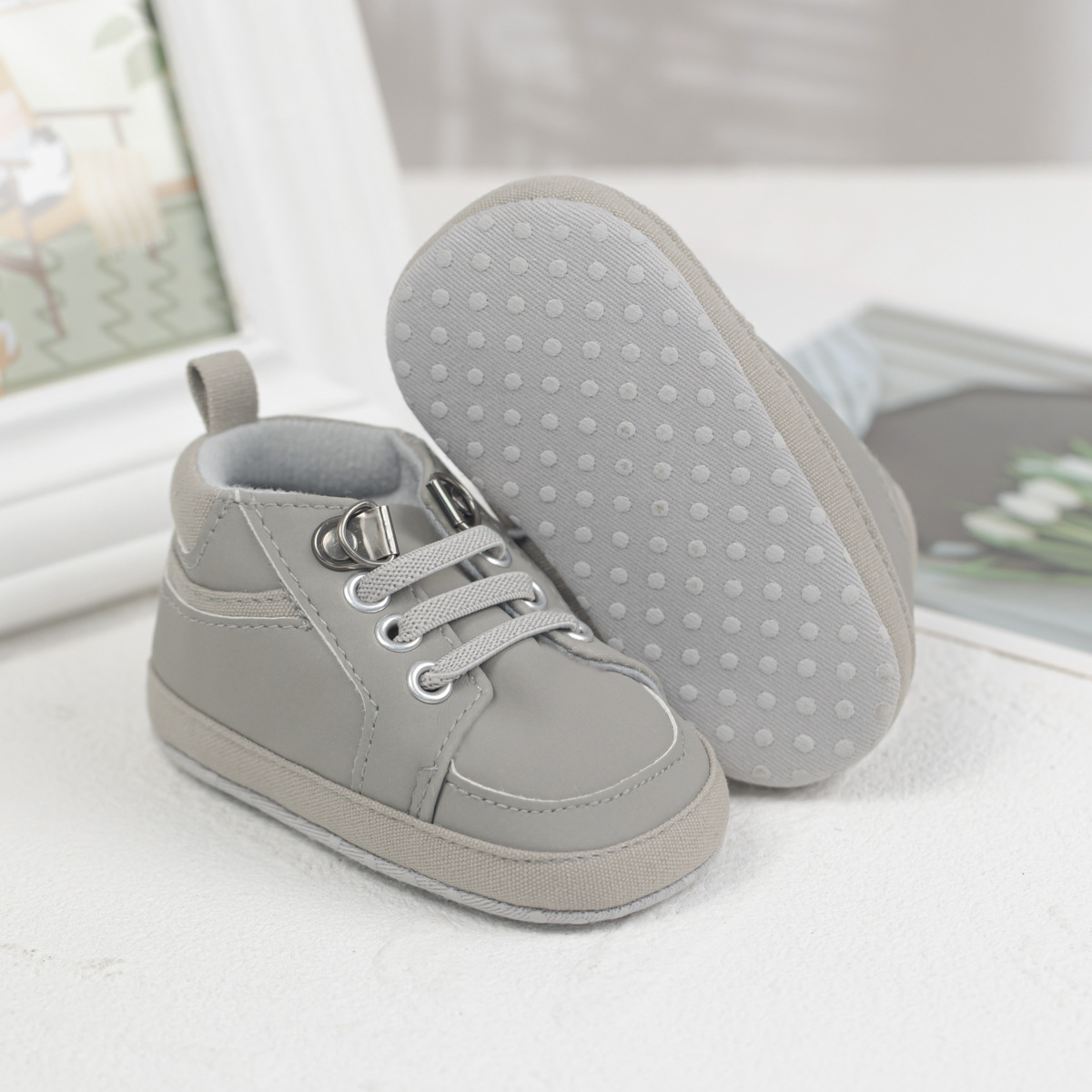 Soft sole high-top baby shoes in blue yellow grey black 