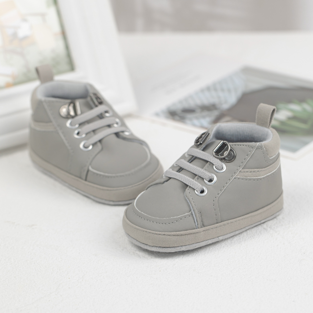 Soft sole high-top baby shoes in blue yellow grey black 
