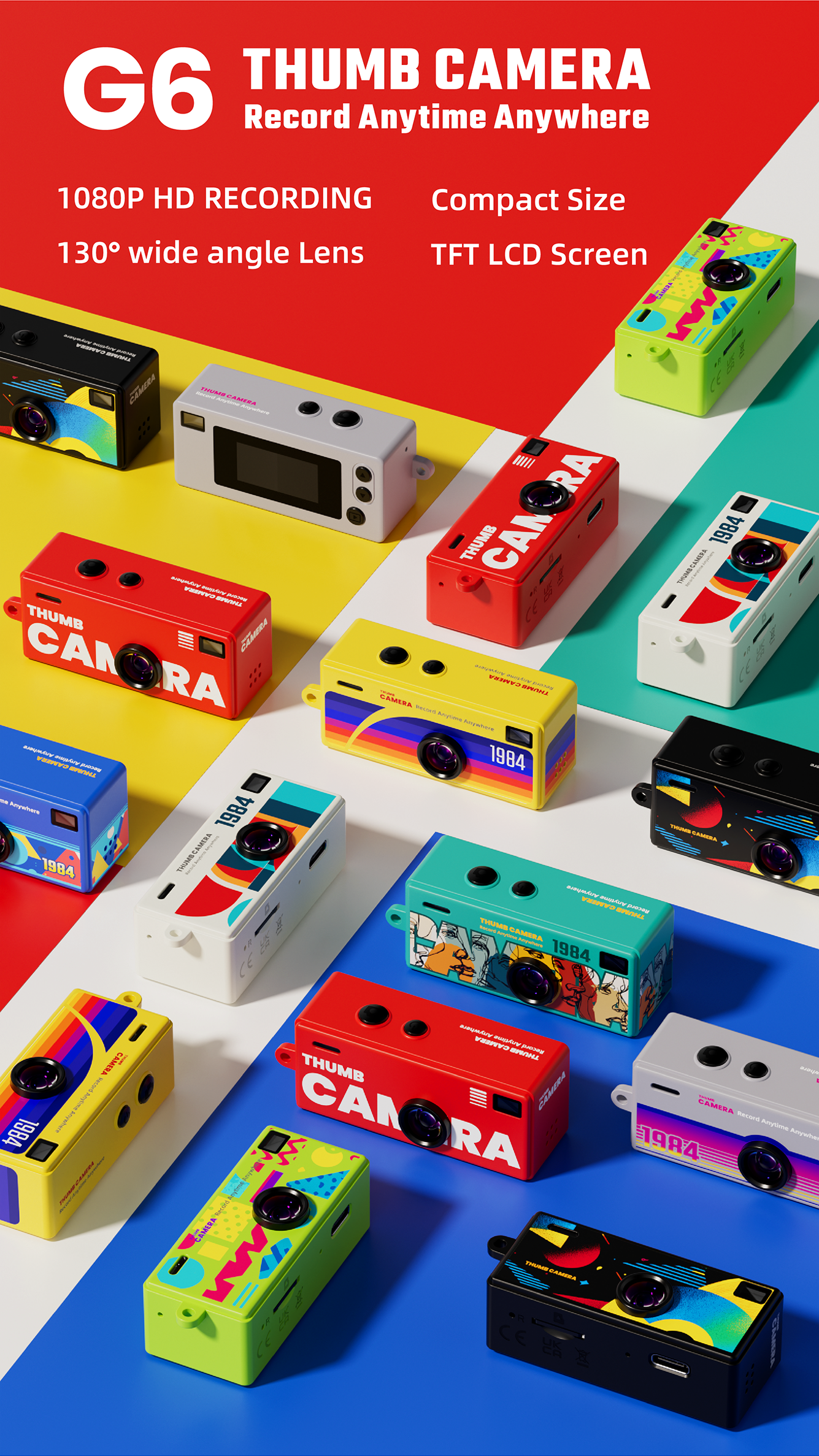 Red G6 Kids Mini Thumb 1080P HD Retro Camera showing front lens and back screen