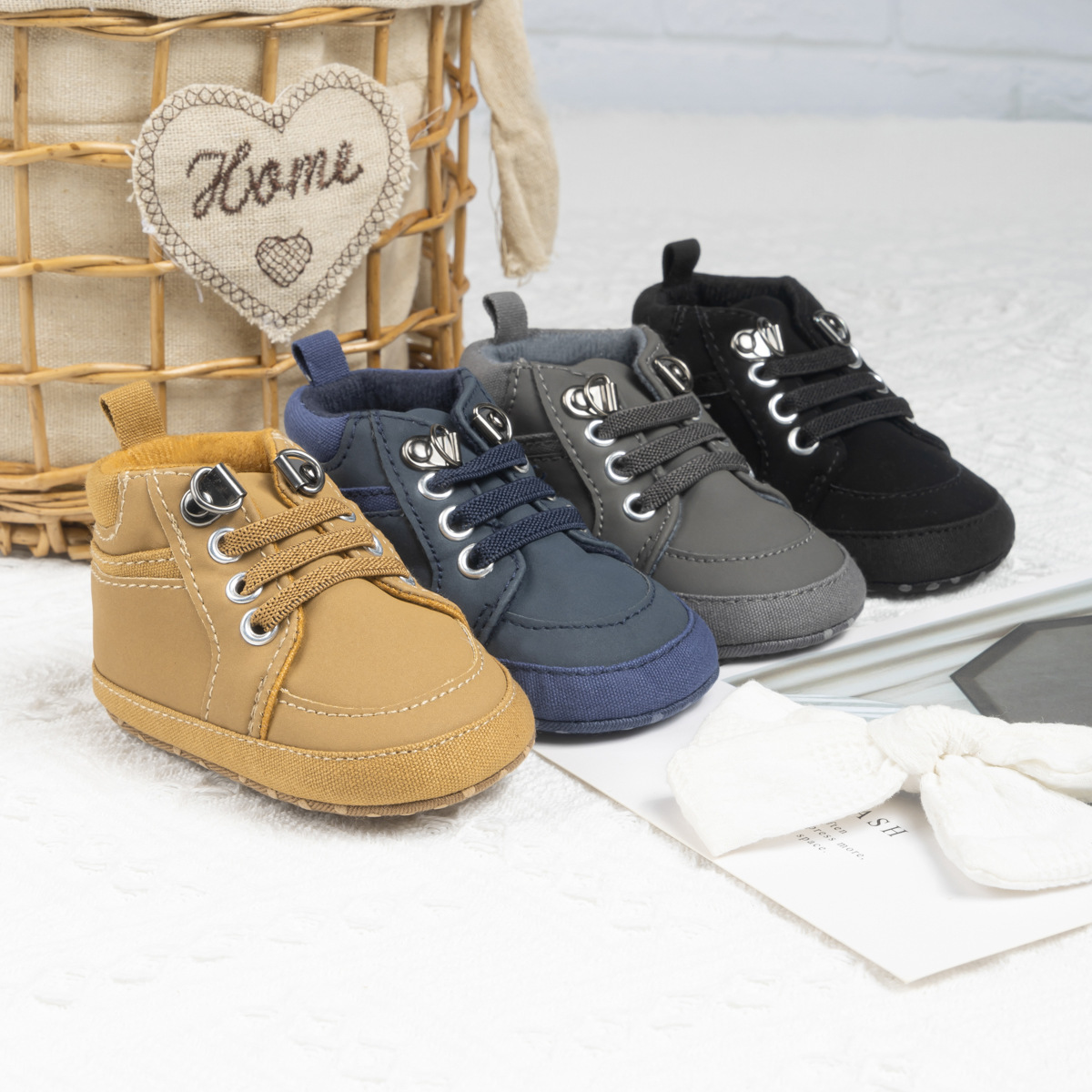 Soft sole high-top baby shoes in blue yellow grey black 
